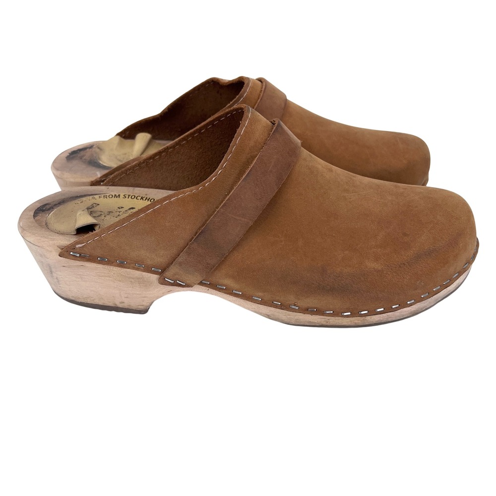 Lotta from Stockholm Tan‎ Suede Wooden Swedish Clogs Mules Size 41